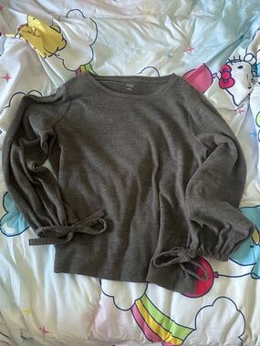 a.n.a Gray Fuzzy Sweater with Decorative Tie Sleeves